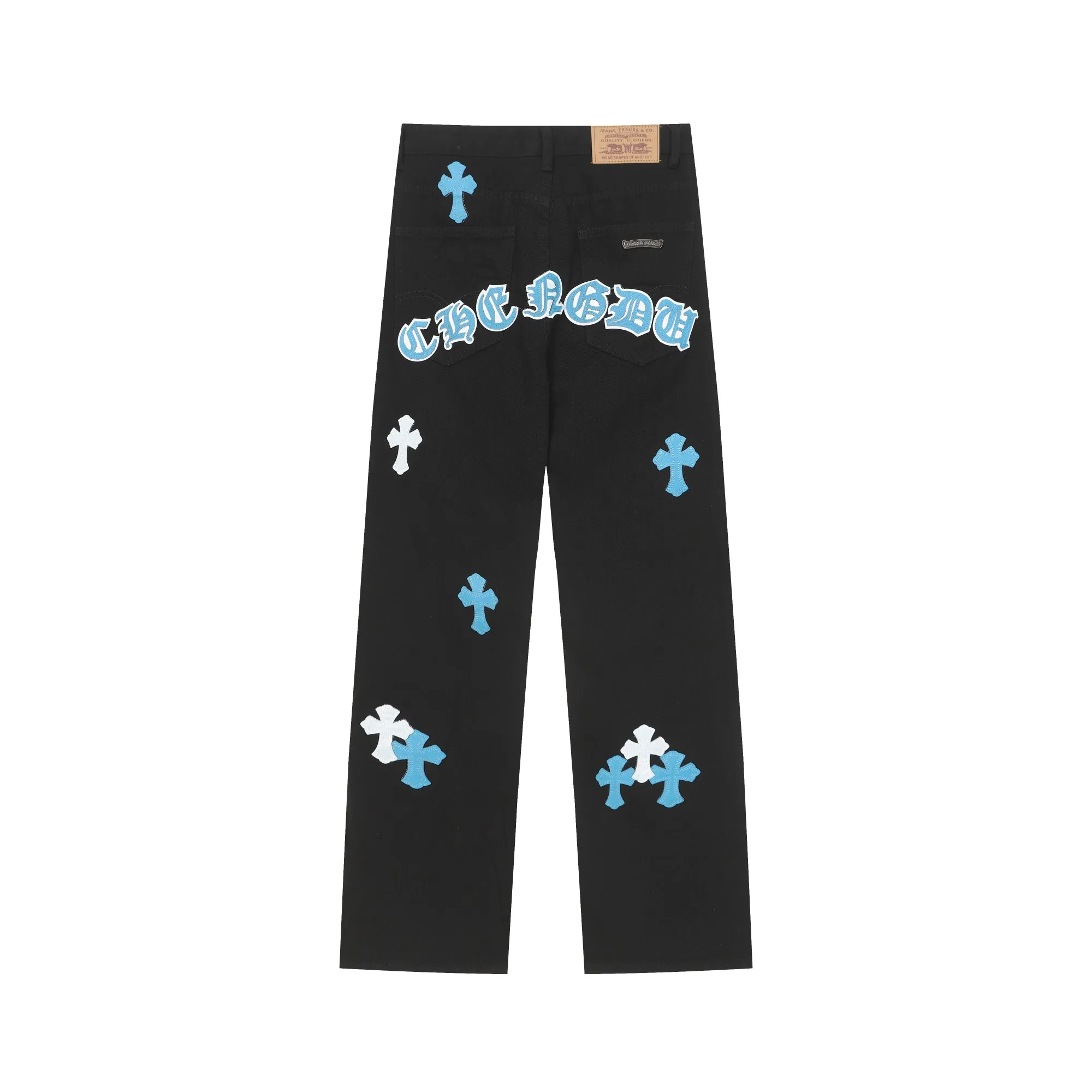 P270 Chrome Hearts/Chrome Hearts 25ss classic colored leather cross washed color cloth denim trousers for men and women Color: Picture color Size: 28-36